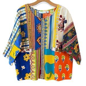 Sacred Threads M Orange Boho Mixed Patterned Front Pockets Art Style Smock Top